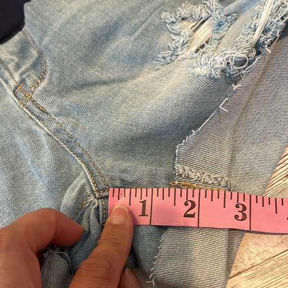 PinkBlush Light Blue Distressed Cuffed Hem Maternity Full Panel Jean Shorts - Picture 7 of 10